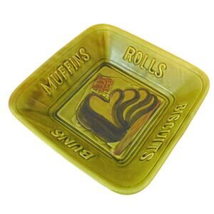 Ceramic Bread Basket Serving Bowl Rolls 9.5" Square Mid Century Vtg Olive Green